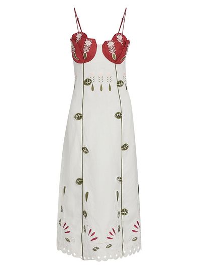 Farm Rio Women's Tulip Richilieur Embroidered Linen Midi-Dress