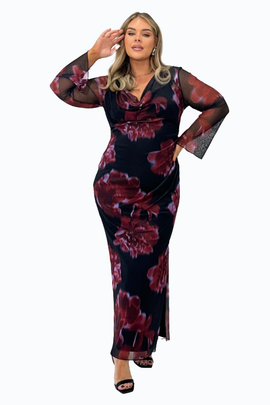 FASHION-SZN CURVE FASHION-SZN CURVE Cowl Neck Mesh Flare Sleeve Maxi Dress