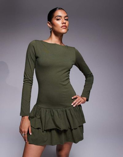 Fashionkilla Fashionkilla cotton long sleeve drop waist ruffle hem mini dress in khaki-Green