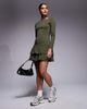 Fashionkilla Fashionkilla cotton long sleeve drop waist ruffle hem mini dress in khaki-Green - 3