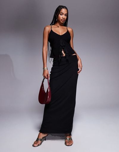 Fashionkilla Fashionkilla double sculpted slinky column mesh overlay maxi skirt in black - part of a set