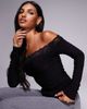 Fashionkilla Fashionkilla double sculpted slinky lace trim off the shoulder long sleeve top in black - 1