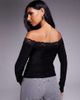 Fashionkilla Fashionkilla double sculpted slinky lace trim off the shoulder long sleeve top in black - 4