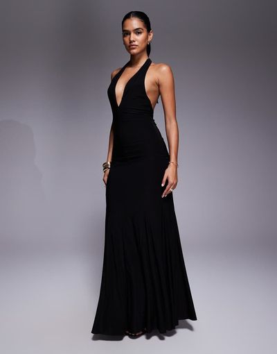 Fashionkilla Fashionkilla double sculpted slinky plunge halterneck godet hem maxi dress in black