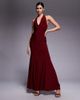 Fashionkilla Fashionkilla double sculpted slinky plunge halterneck godet hem maxi dress in burgundy-Red - 1