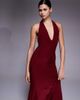 Fashionkilla Fashionkilla double sculpted slinky plunge halterneck godet hem maxi dress in burgundy-Red - 4