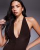 Fashionkilla Fashionkilla double sculpted slinky plunge halterneck godet hem maxi dress in chocolate-Brown - 4