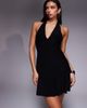 Fashionkilla Fashionkilla double sculpted slinky plunge halterneck godet hem mini dress in black - 1