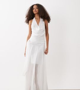 Fashionkilla Fashionkilla exclusive chiffon halterneck cowl neck knot detail sheer hem maxi dress in white-Neutral