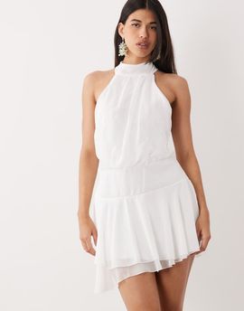 Fashionkilla Fashionkilla exclusive chiffon halterneck foldover detail ruffle skirt mini dress in white