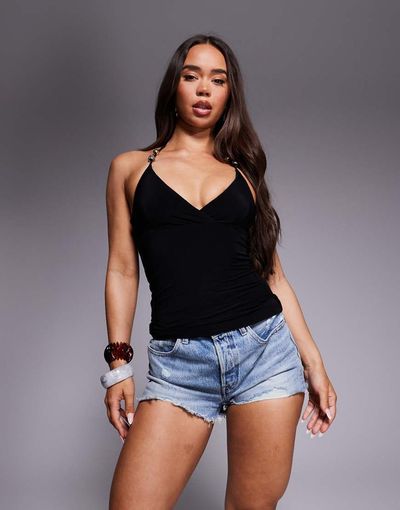 Fashionkilla Fashionkilla exclusive double sculpted slinky halterneck bead detail cami top in black
