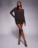 Fashionkilla Fashionkilla exclusive double sculpted slinky long sleeve fold over waist detail open tie back mini dress in chocolate-Brown - 1