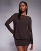 Fashionkilla Fashionkilla exclusive double sculpted slinky long sleeve fold over waist detail open tie back mini dress in chocolate-Brown - 4