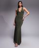 Fashionkilla Fashionkilla exclusive double sculpted slinky plunge halterneck godet hem maxi dress in khaki green - 1