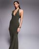 Fashionkilla Fashionkilla exclusive double sculpted slinky plunge halterneck godet hem maxi dress in khaki green - 3