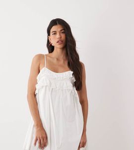Fashionkilla Fashionkilla exclusive poplin ruffle hem cami top babydoll mini dress in white-Yellow