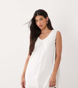 Fashionkilla Fashionkilla Exclusive poplin scoop ruched neck detail trapeze mini dress in white-Blue