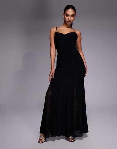 Fashionkilla Fashionkilla exclusive slinky lace goget detail low back cami maxi dress in black