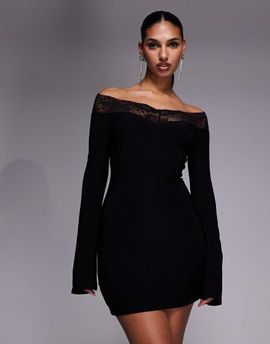 Fashionkilla Fashionkilla exclusive slinky lace trim off the shoulder flare sleeve mini dress in black