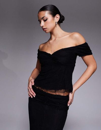 Fashionkilla Fashionkilla floral lace mesh overlay sweetheart neckline off shoulder floaty hem top in black - part of a set