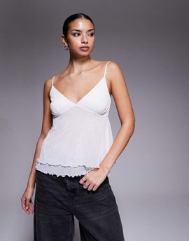 Fashionkilla Fashionkilla mesh overlay lettuce edge hem cami peplum top in white