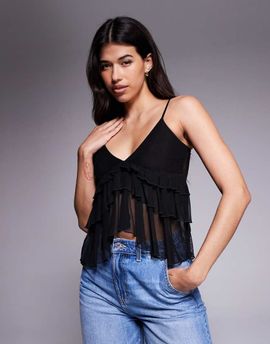 Fashionkilla Fashionkilla mesh tiered frill front cami top in black