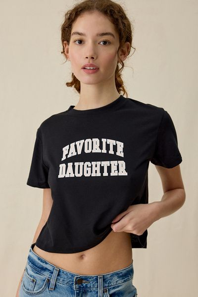Favorite Daughter Favorite Daughter Collegiate Logo Graphic Cropped Tee in Black, Women's at Urban Outfitters