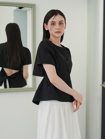 F.cocoromiz Back Cutout Round Neck Blouse - Black