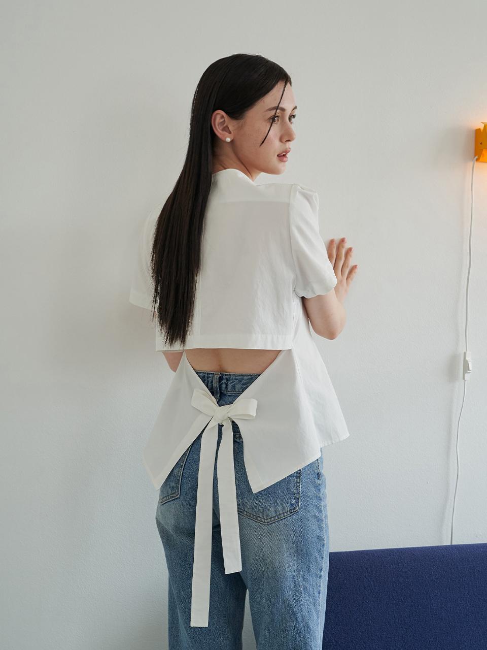 F.cocoromiz Back Cutout Round Neck Blouse - White