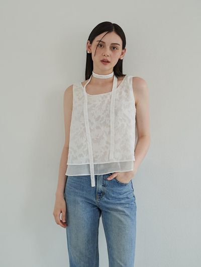 F.cocoromiz Lovely Flower Sheer Sleeveless Blouse - White