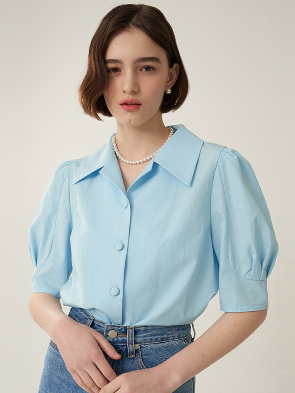 F.cocoromiz Romantic Open Collar Blouse Sky Blue