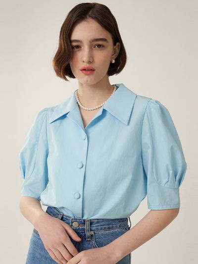 F.cocoromiz Romantic Open Collar Blouse Sky Blue