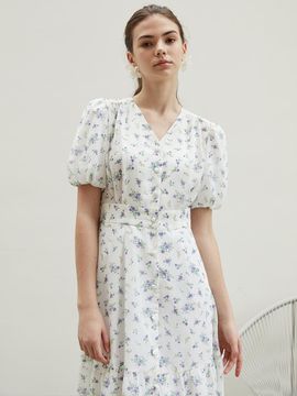 F.cocoromiz seersucker flower v neck dress WHITE