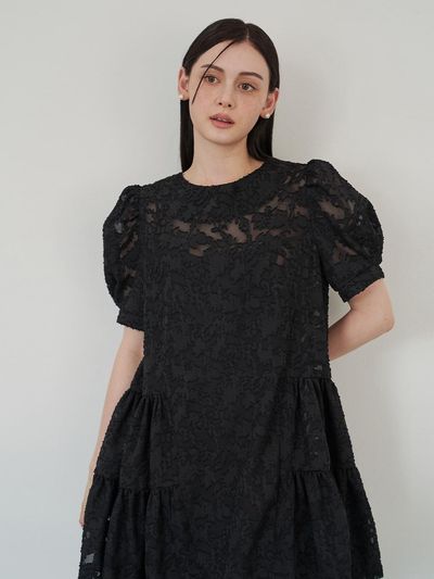 F.cocoromiz Sheer Flower Shirred Dress_Black