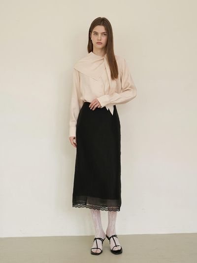 F.cocoromiz sheer lace layered maxi skirt Black