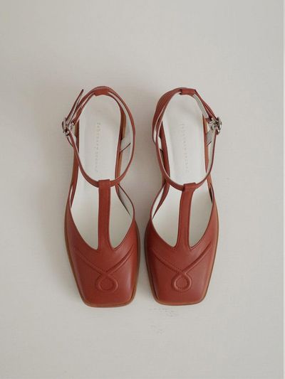 february second Square Stitch T-strap Heels Red Brick