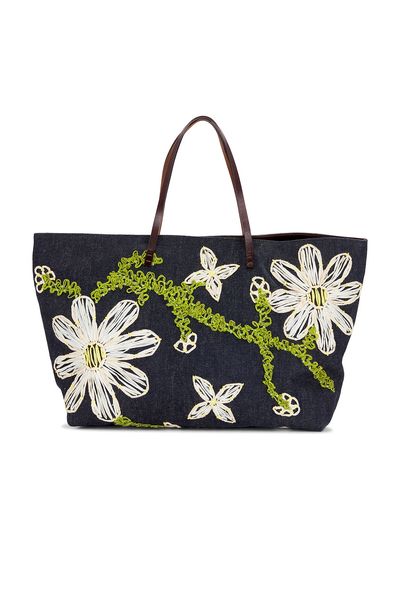 fendi Fendi Flower Embroidered Denim Tote Bag