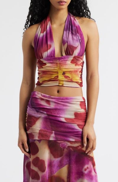 Feners Feners Festa Print Plunge Halter Neck Crop Top