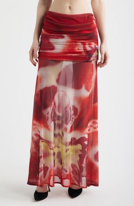 Feners Feners Susurro Print Ruched Mesh Maxi Skirt
