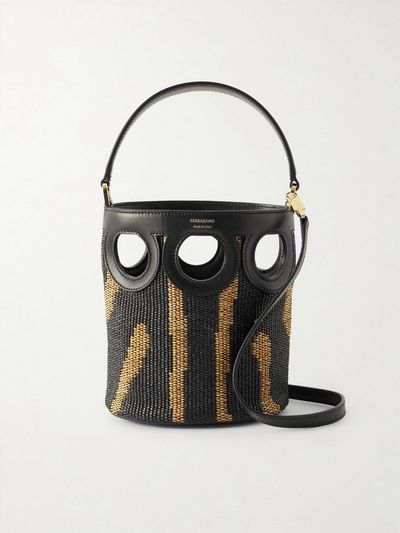 FERRAGAMO Cutout leather-paneled raffia tote