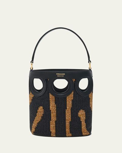 Ferragamo Cutout Woven Raffia Bucket Bag