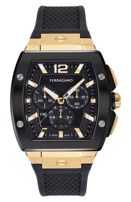 FERRAGAMO FERRAGAMO F-80 Tonneau Chronograph Silicone Strap Watch, 41.8mm