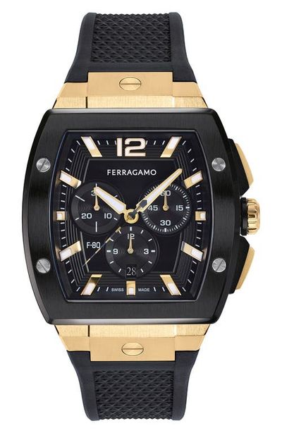 FERRAGAMO FERRAGAMO F-80 Tonneau Chronograph Silicone Strap Watch, 41.8mm