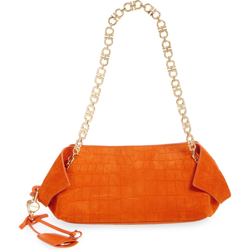 FERRAGAMO FERRAGAMO Gancini Chain Folded Croc Embossed Suede Shoulder Bag