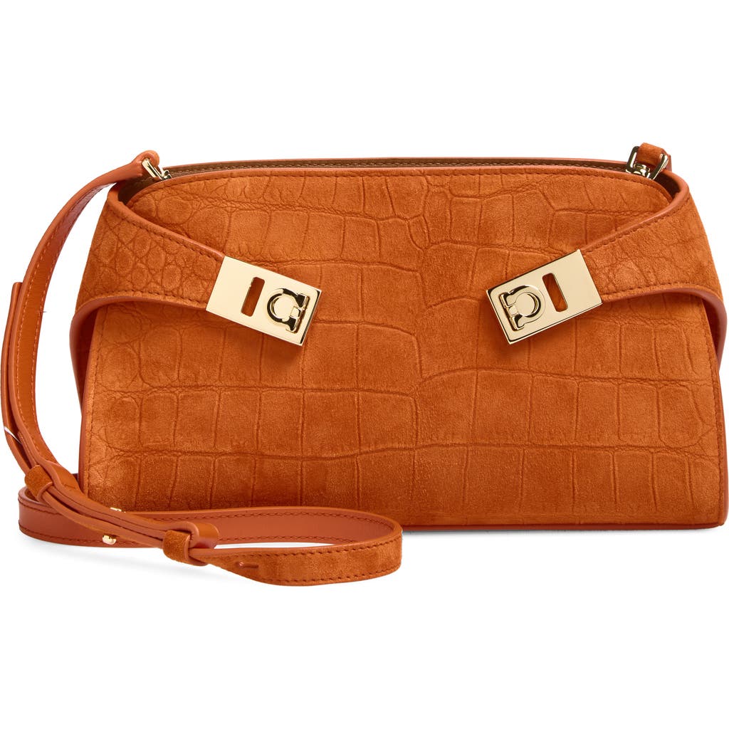 FERRAGAMO FERRAGAMO Hug Croc Embossed Suede East/West Shoulder Bag