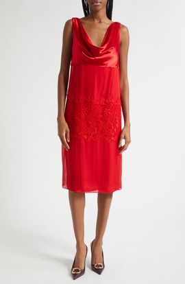 FERRAGAMO FERRAGAMO Lace Trim Cowl Neck Satin & Chiffon Shift Dress