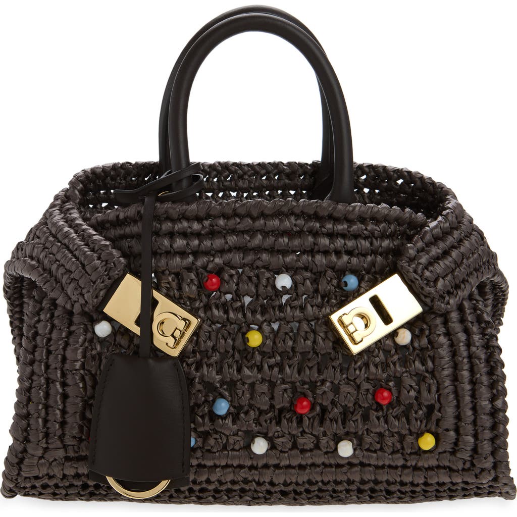 FERRAGAMO FERRAGAMO Mini Hug Beaded Woven Raffia Top Handle Bag