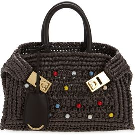 FERRAGAMO FERRAGAMO Mini Hug Beaded Woven Raffia Top Handle Bag