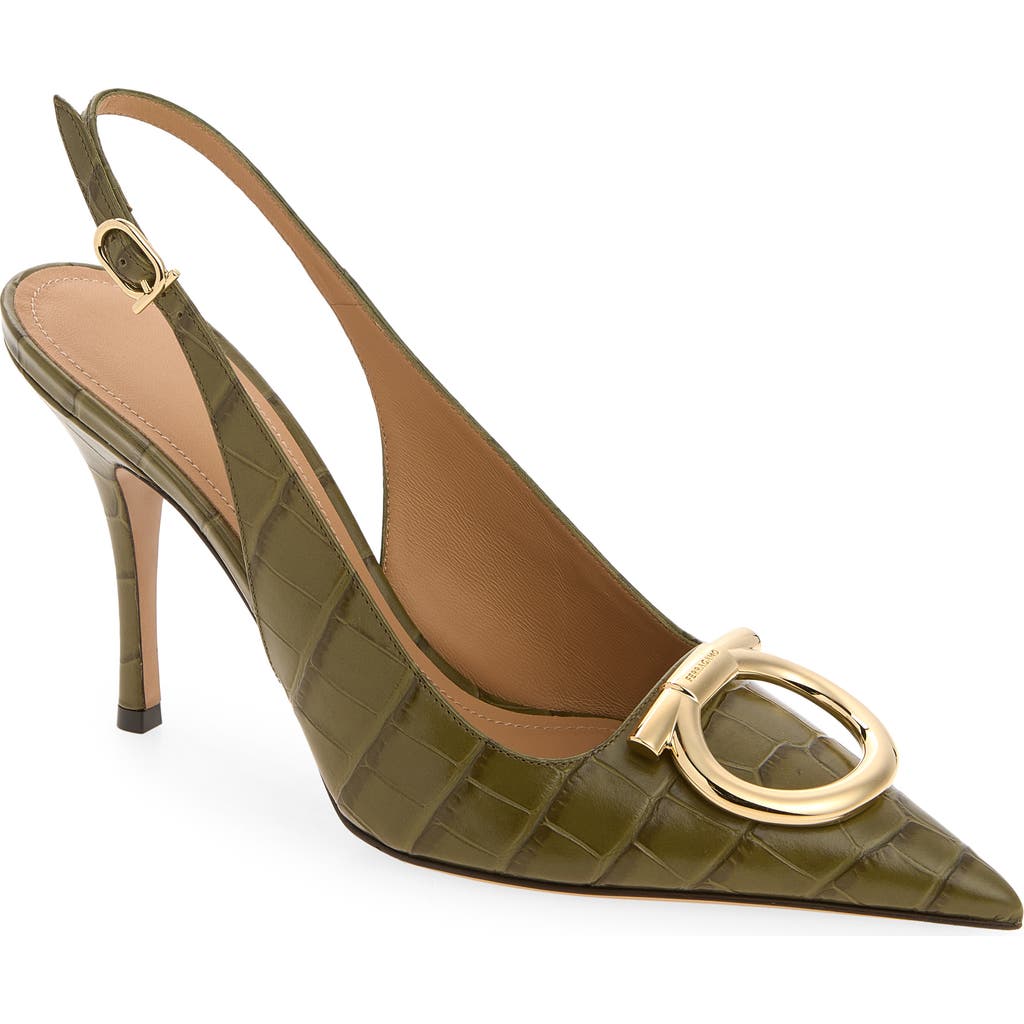 FERRAGAMO FERRAGAMO Sara Croc Embossed Pointed Toe Slingback Pump