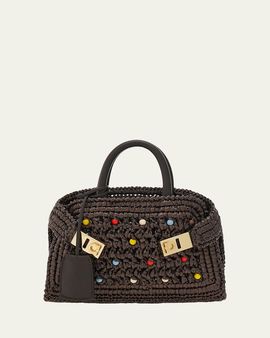 Ferragamo Hug Beaded Raffia Top-Handle Bag